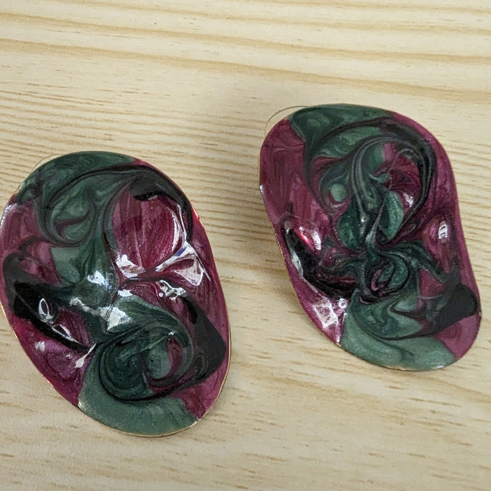 Abstract Swirl Earrings in Green and Purple Enamel